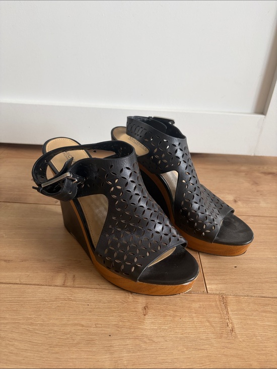 Michael Kors Shoes - Michael Kors Black Laser-Cut Leather Wedge Sandals with Tan Platform